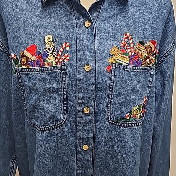 Solutions Original Denim Christmas Shirt Button Closure 2 Pocket Woman Size L - Picture 5 of 11